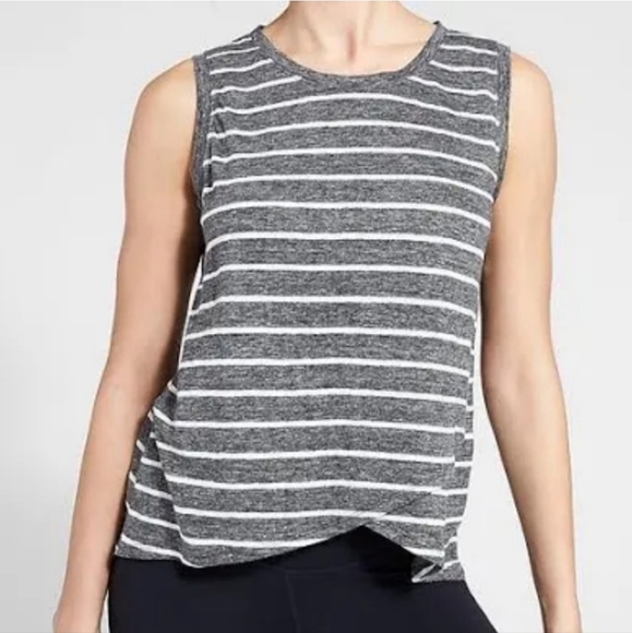 ATHLETA Stripe Linen Criss Cross Tank Tulip Hem Grey Heather - Picture 1 of 9